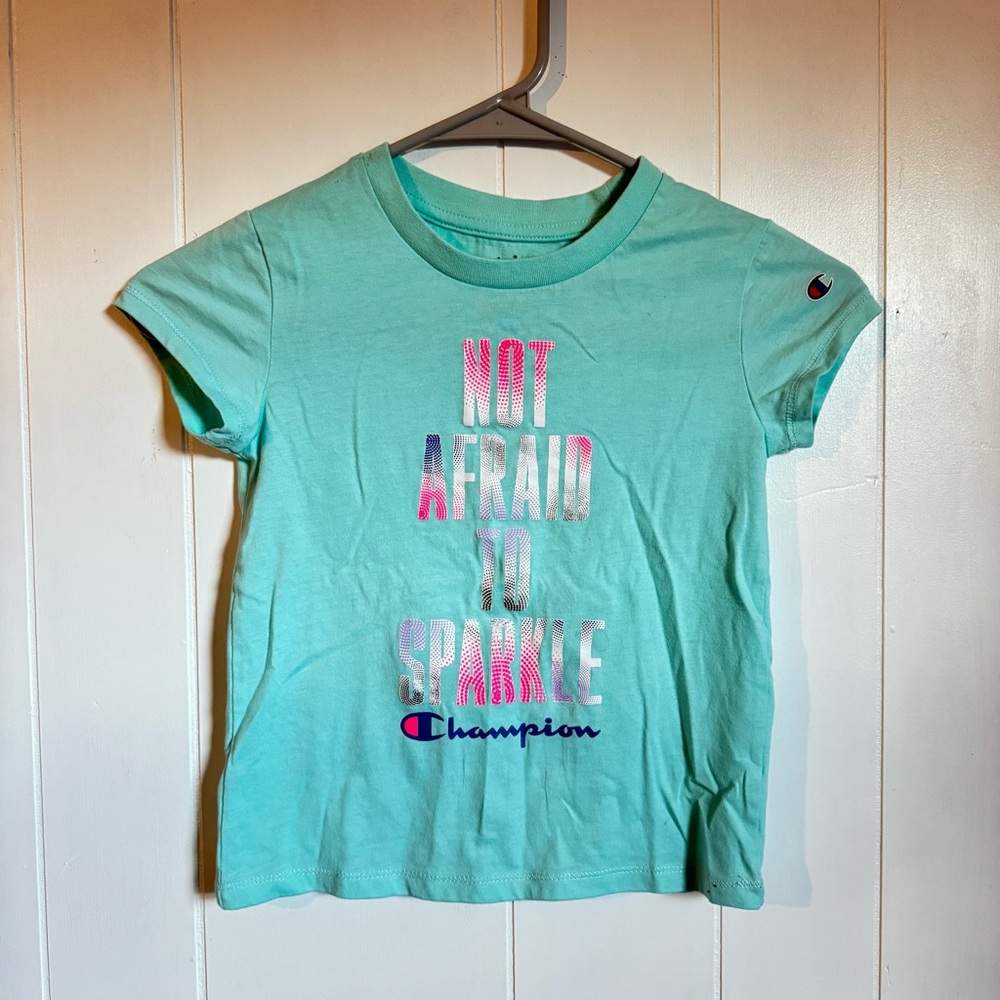 Champion Girls T-Shirt Graphic Tee Turquoise Glitter Logo Size 5/6